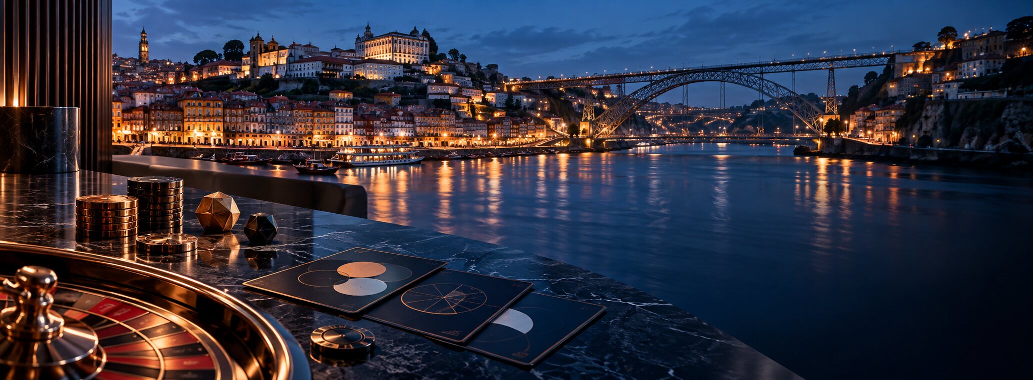 Porto à noite com mesa de análise
